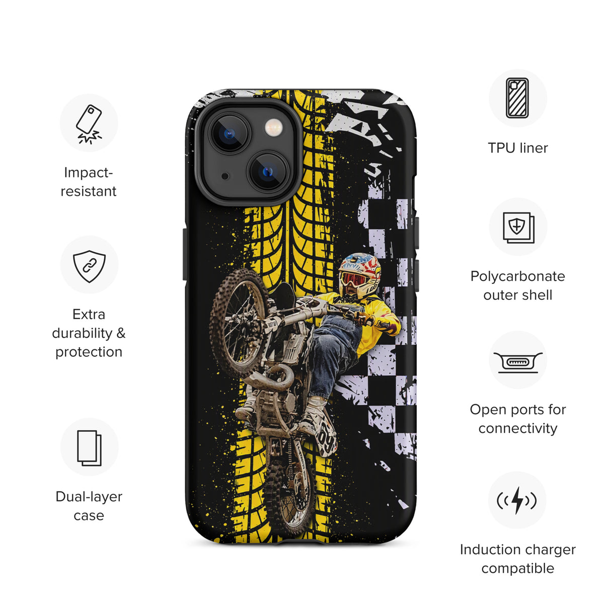 Phone Case for iPhone with Ronnie Mac air-wheelie design, featuring black, white, yellow gritty motocross pattern and durable protection.