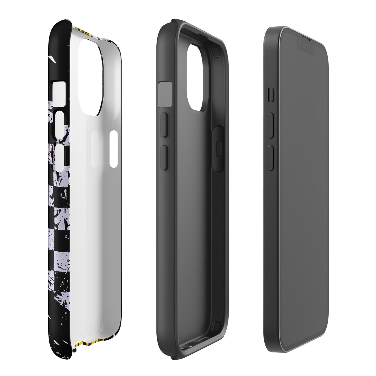 Phone Case for iPhone featuring Ronnie Mac air-wheelie design with checkerboard pattern and splattered black, white, and yellow art.