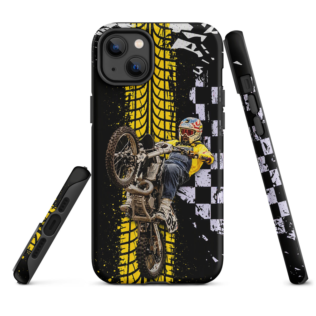 Phone Case for iPhone with Ronnie Mac air-wheelie design, featuring motocross rider on yellow, black, and white background.