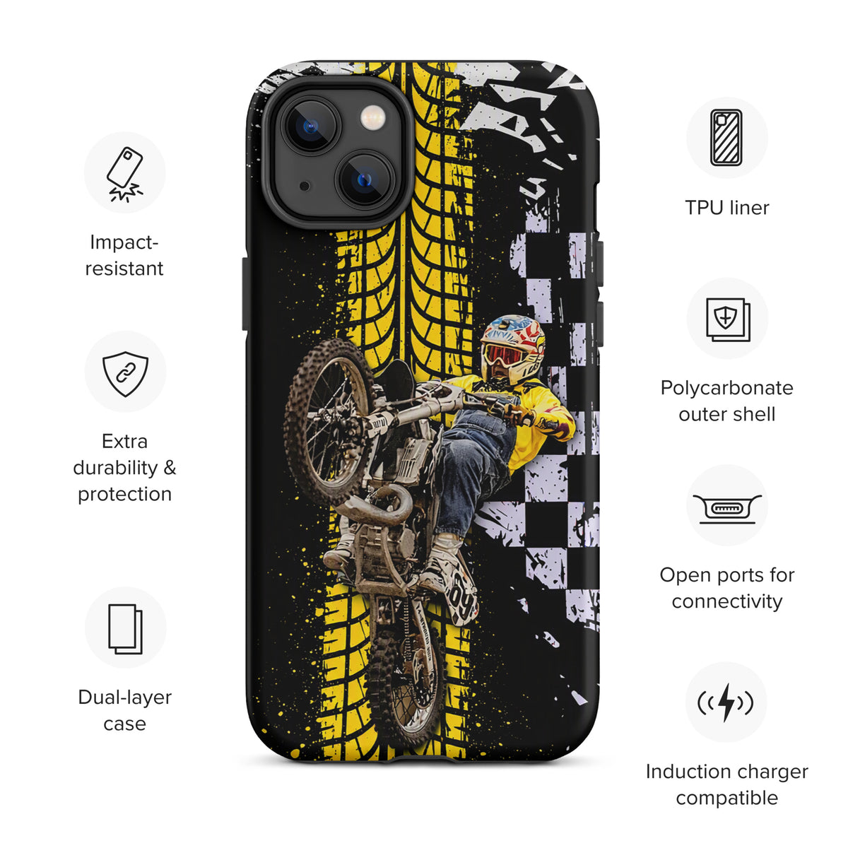 Phone Case for iPhone featuring Ronnie Mac air-wheelie design with yellow tire tracks and black checkerboard pattern