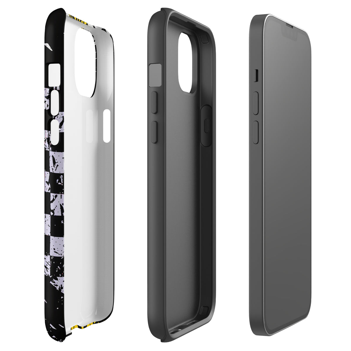 Phone Case for iPhone featuring design of Ronnie Mac air-wheelie, black and yellow color, checkerboard pattern on premium material.