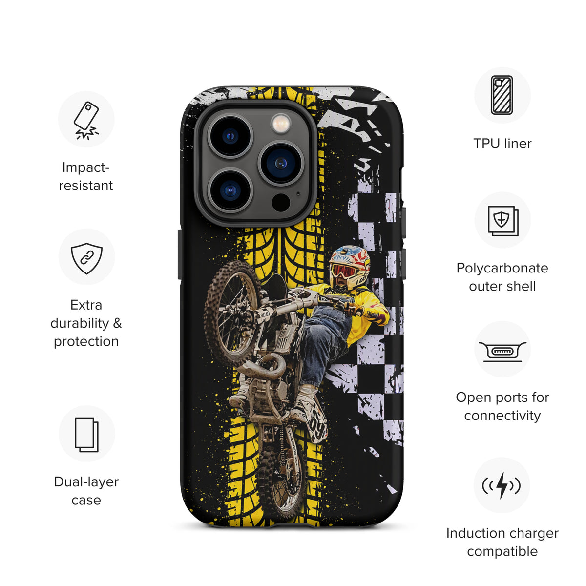 Phone Case for iPhone featuring Ronnie Mac air-wheelie design with black, white, yellow colors and checkerboard pattern