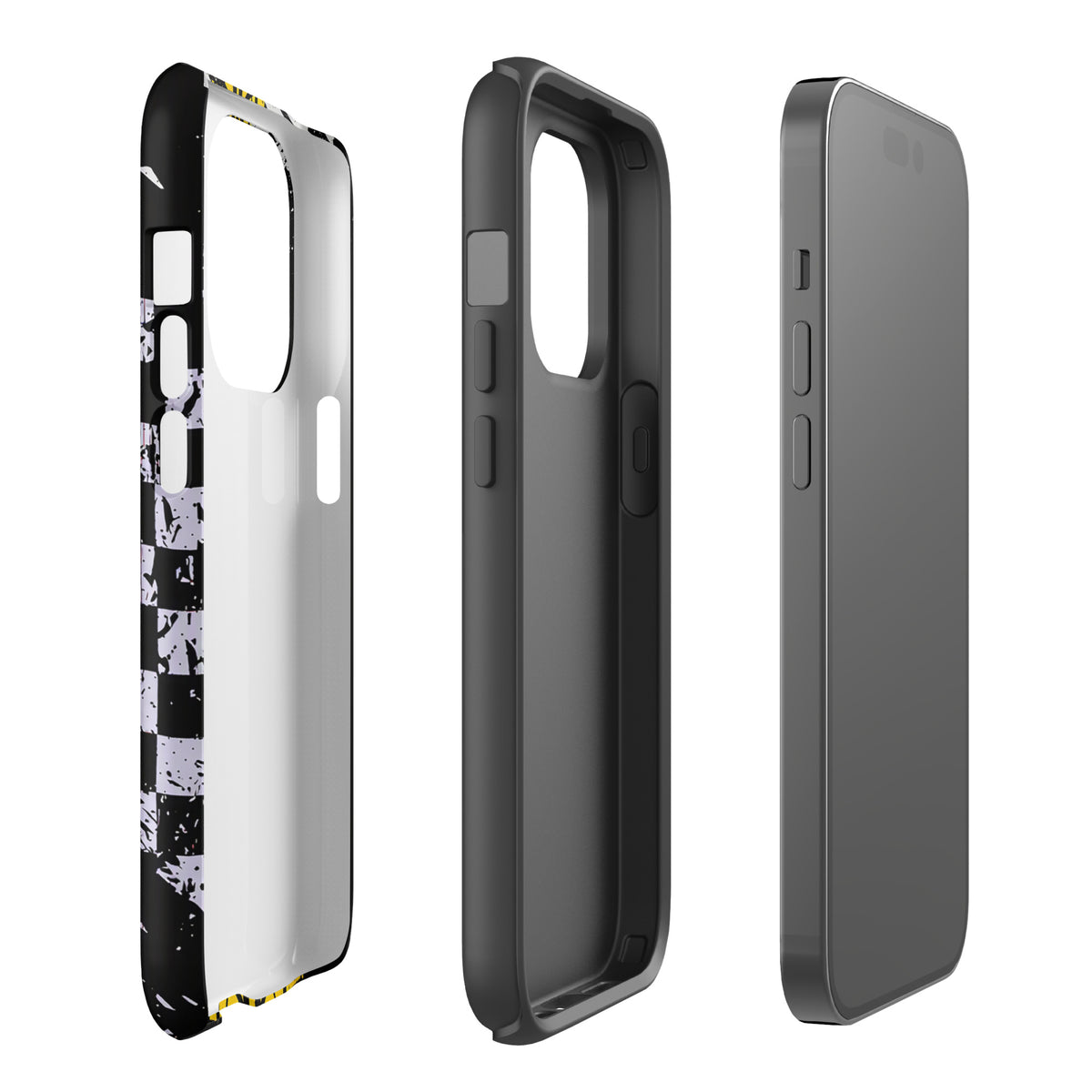 Phone Case for iPhone with Ronnie Mac air-wheelie design in black, white, yellow featuring checkerboard and paint splatter patterns.