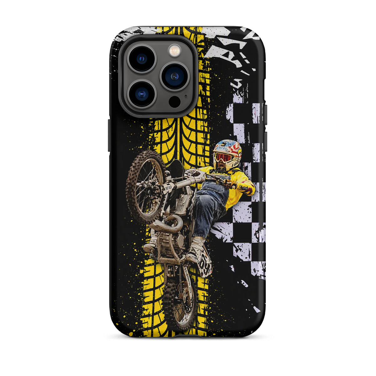 Phone Case for iPhone featuring Ronnie Mac in a dynamic air-wheelie design with black, white, and yellow motocross theme.