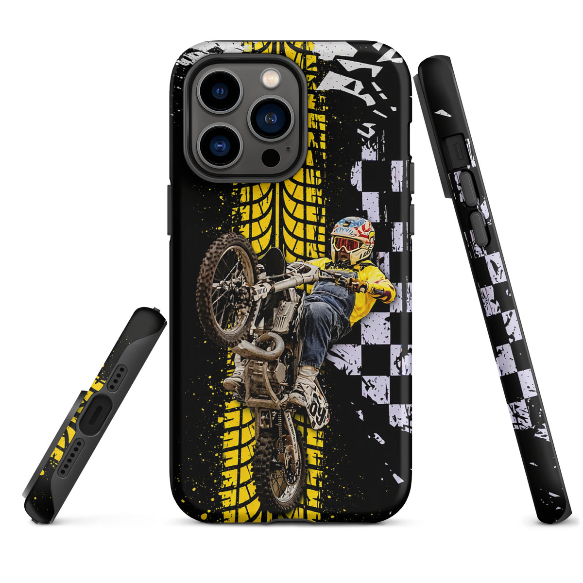 Phone Case for iPhone with Ronnie Mac air-wheelie design, featuring black, white, yellow color, motocross style, and checkerboard pattern.