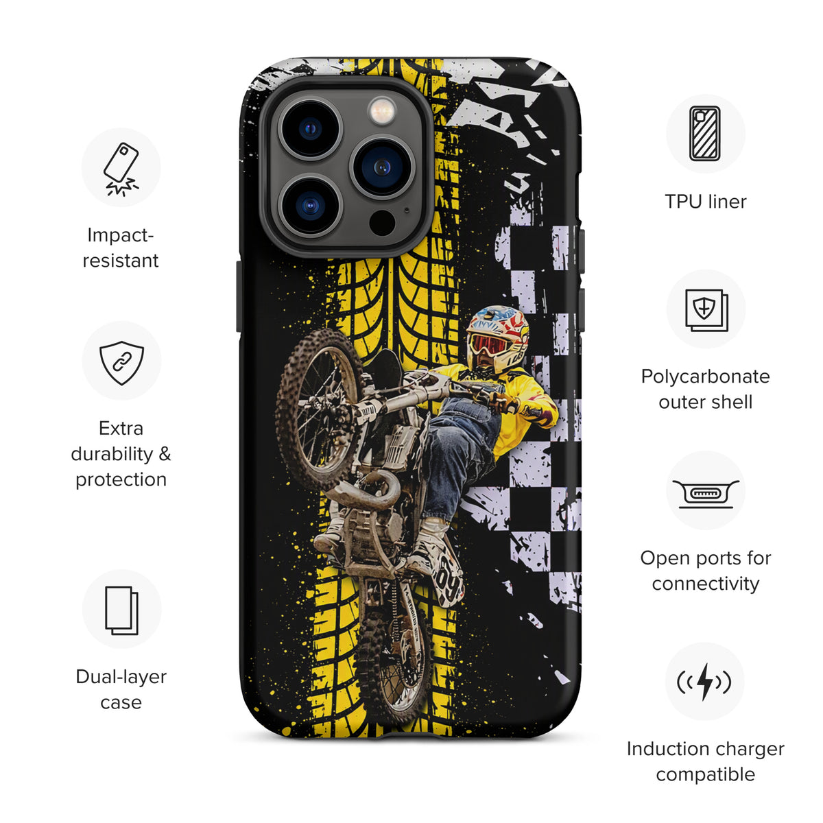 Phone Case for iPhone with Ronnie Mac air-wheelie design, featuring black, white, yellow checkerboard and tire print for motocross fans.