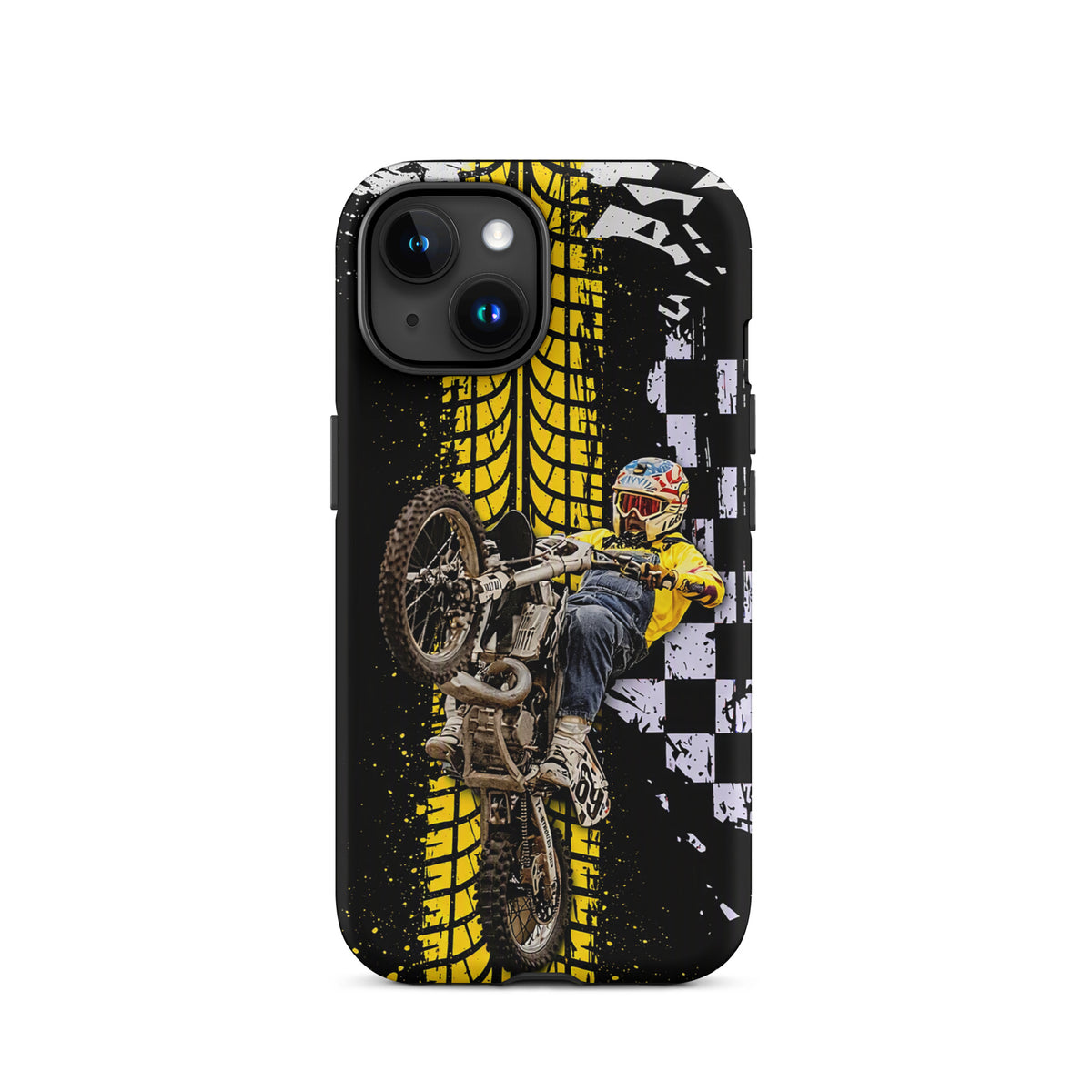 Phone Case featuring Ronnie Mac air-wheelie design with motocross, checkerboard, and tire tread motifs for iPhone.