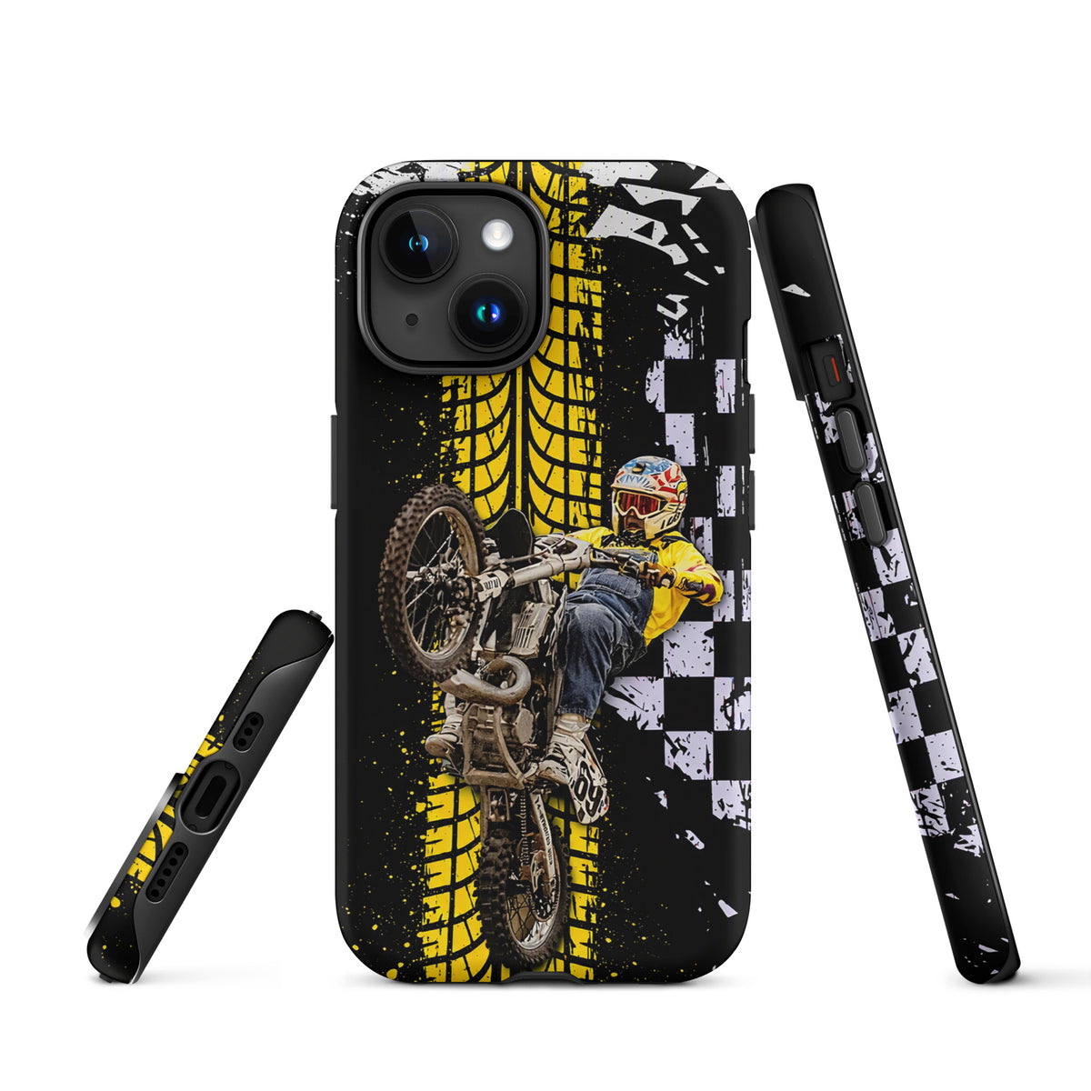 Phone Case for iPhone featuring Ronnie Mac air-wheelie with black, white, yellow design, checkerboard pattern, and paint splatter.