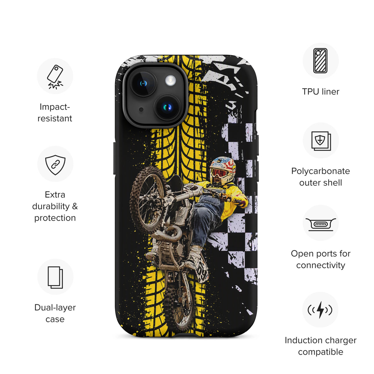 Phone Case for iPhone featuring Ronnie Mac air-wheelie with yellow tire pattern and checkerboard design.