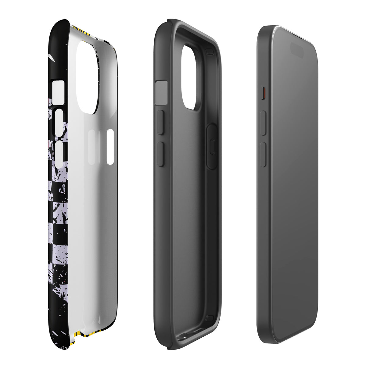 Phone Case for iPhone with Ronnie Mac air-wheelie design, checkerboard pattern, and paint splatter in black, white, and yellow colors.
