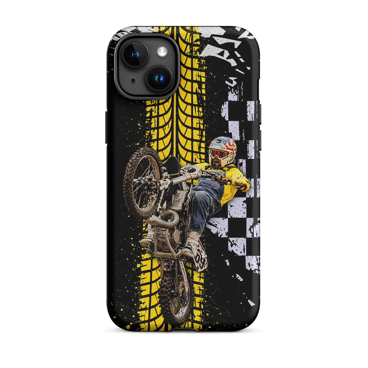 Phone Case for iPhone featuring Ronnie Mac air-wheelie design with yellow tire tracks and checkerboard pattern.