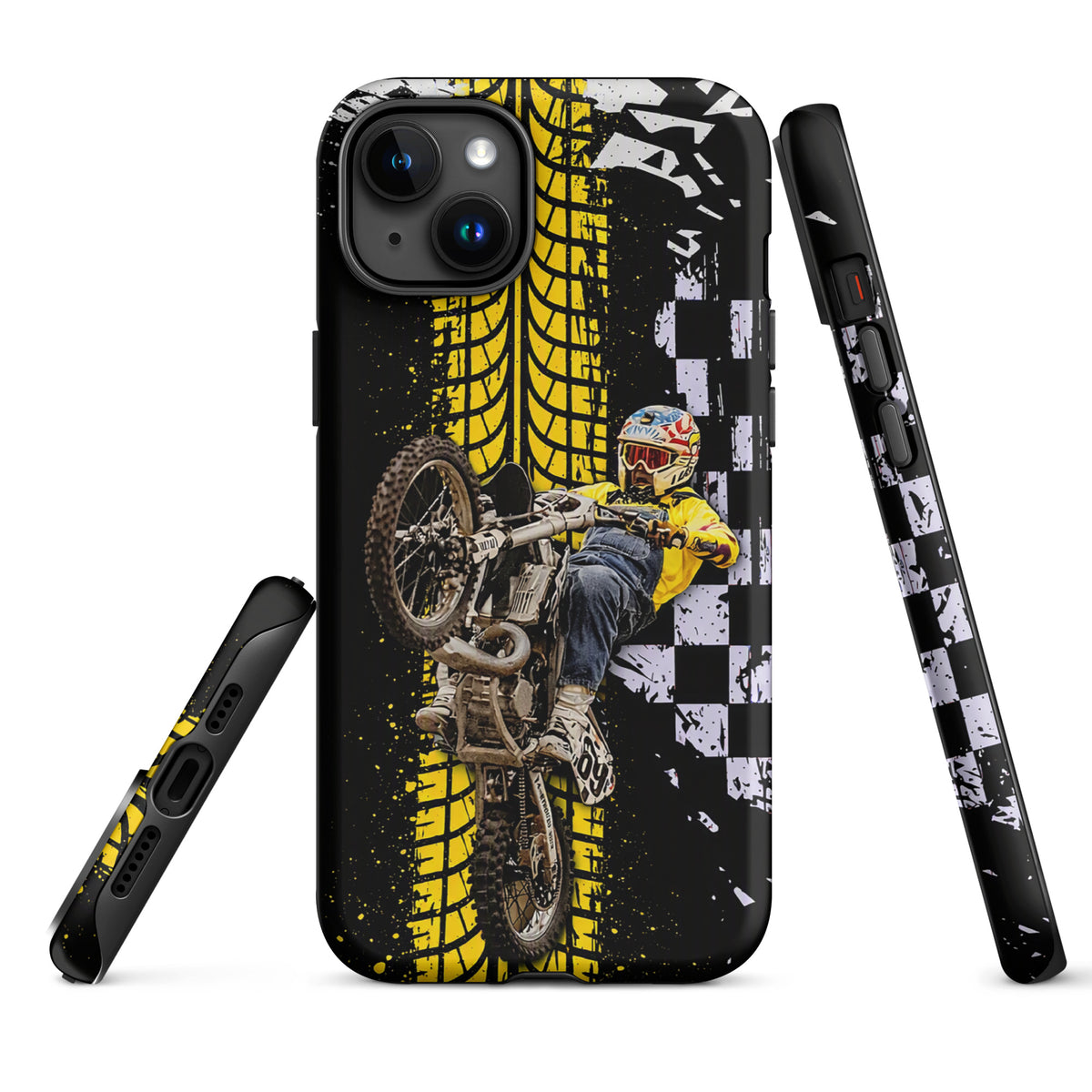 Phone Case for iPhone with Ronnie Mac air-wheelie design, featuring black, white, yellow motif, checkerboard pattern, and tire splatter.
