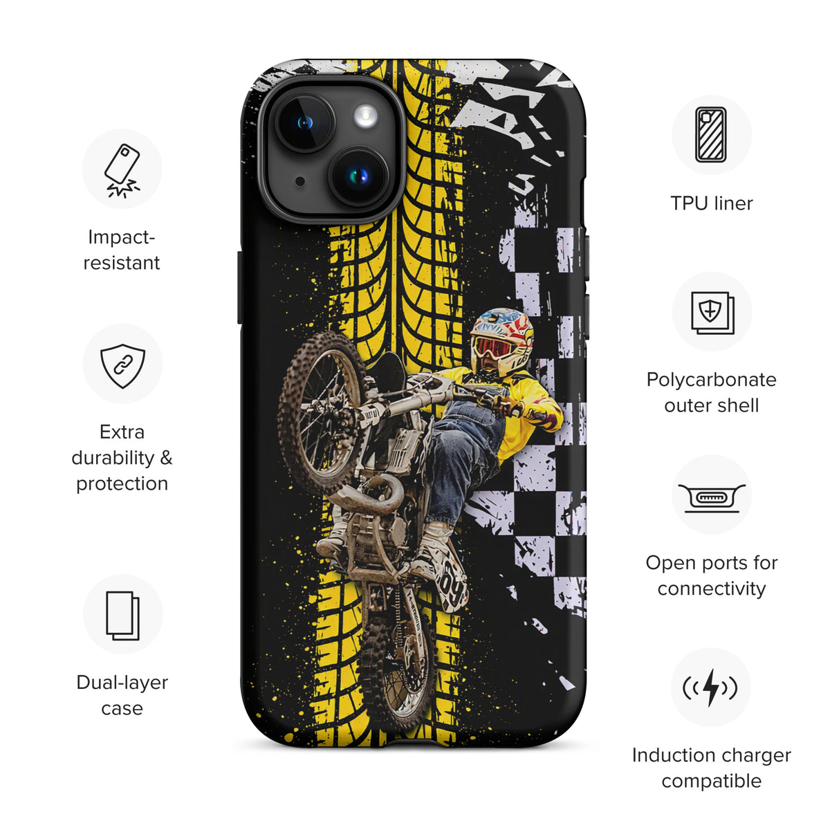 Phone Case for iPhone with Ronnie Mac air-wheelie design, featuring black, white, yellow colors and distressed checkerboard pattern.