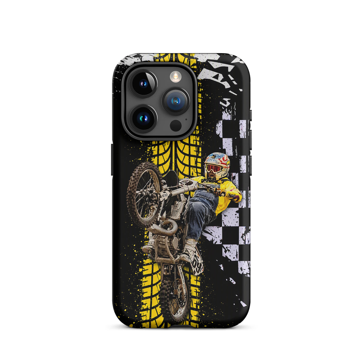Phone Case featuring Ronnie Mac air-wheelie design with checkerboard and yellow tire pattern for iPhone