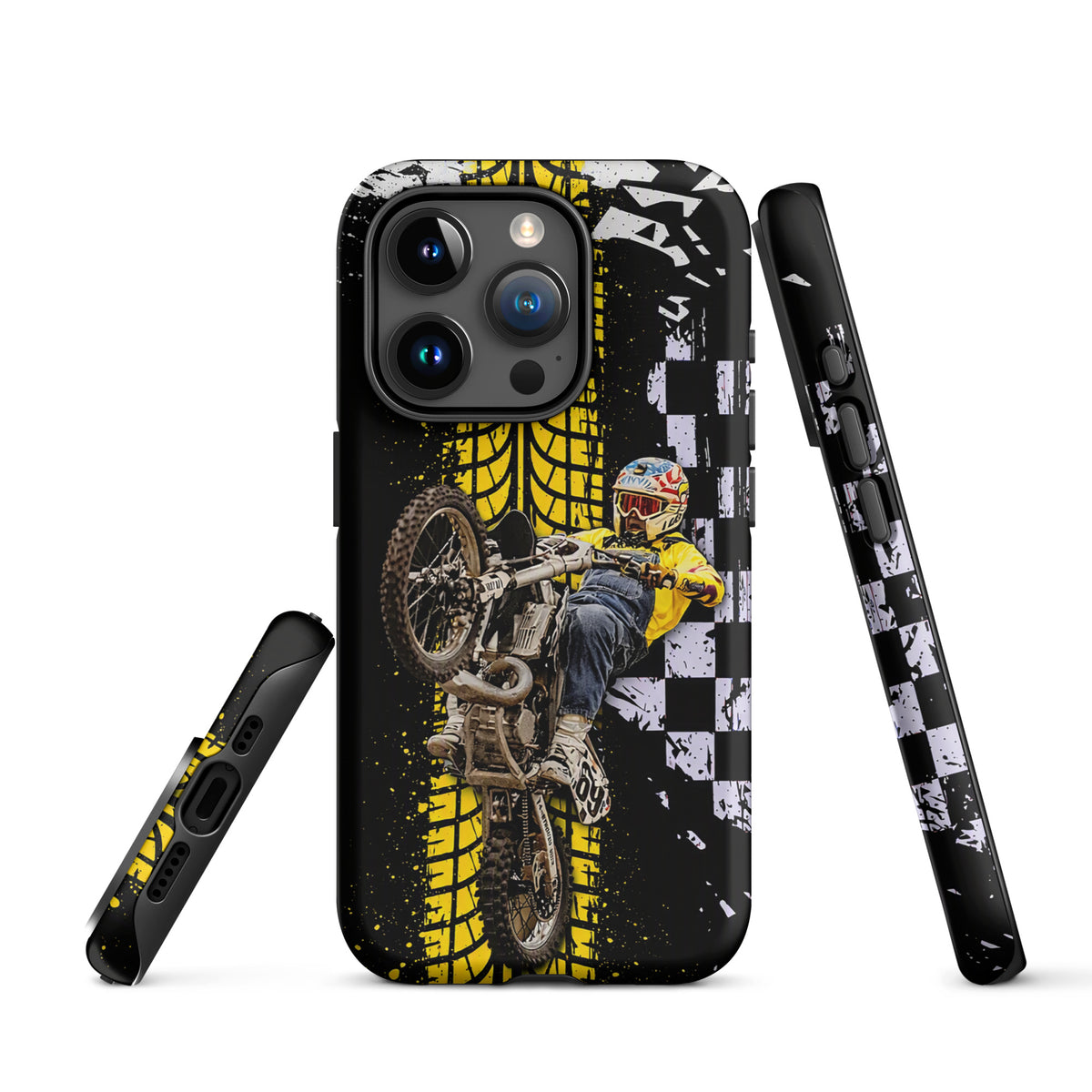 Phone Case for iPhone featuring Ronnie Mac air-wheelie with checkerboard pattern and yellow tire design.
