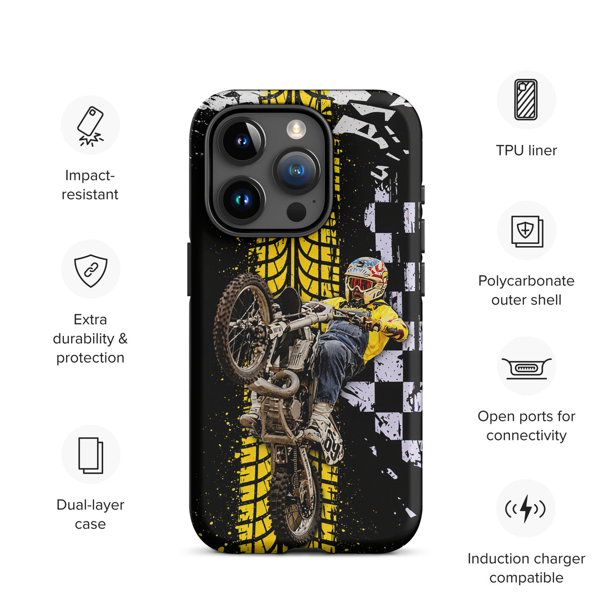 Phone Case for iPhone featuring Ronnie Mac air-wheelie design, black, white, yellow color scheme with checkerboard pattern.