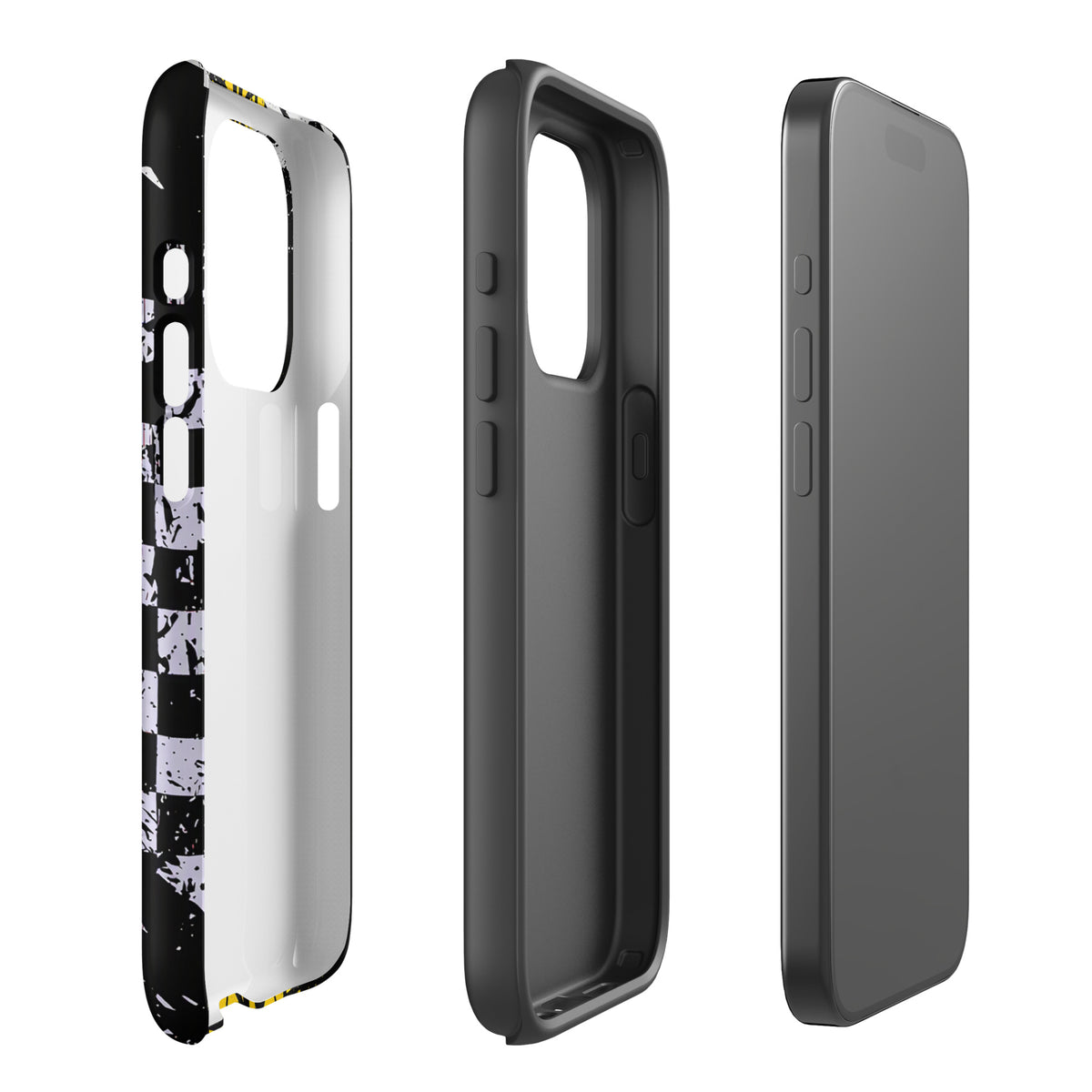 Phone Case for iPhone with Ronnie Mac air-wheelie design, featuring checkerboard pattern and yellow accents, side view.