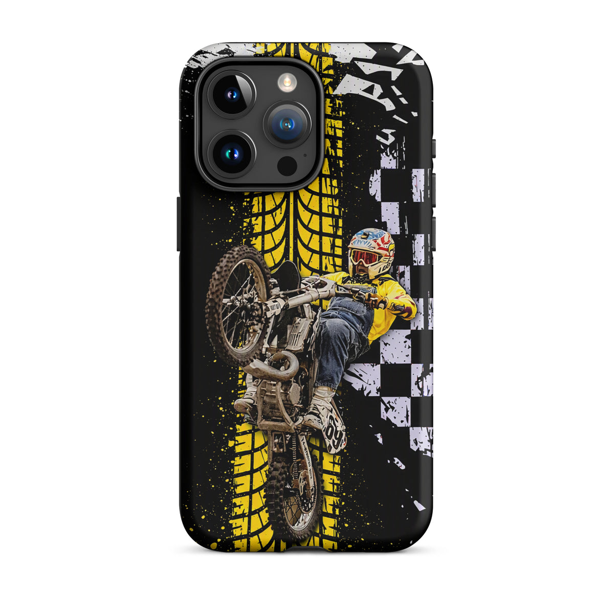 Phone Case for iPhone with Ronnie Mac air-wheelie design, bold black, white, yellow colors, distressed checkerboard, motocross style.