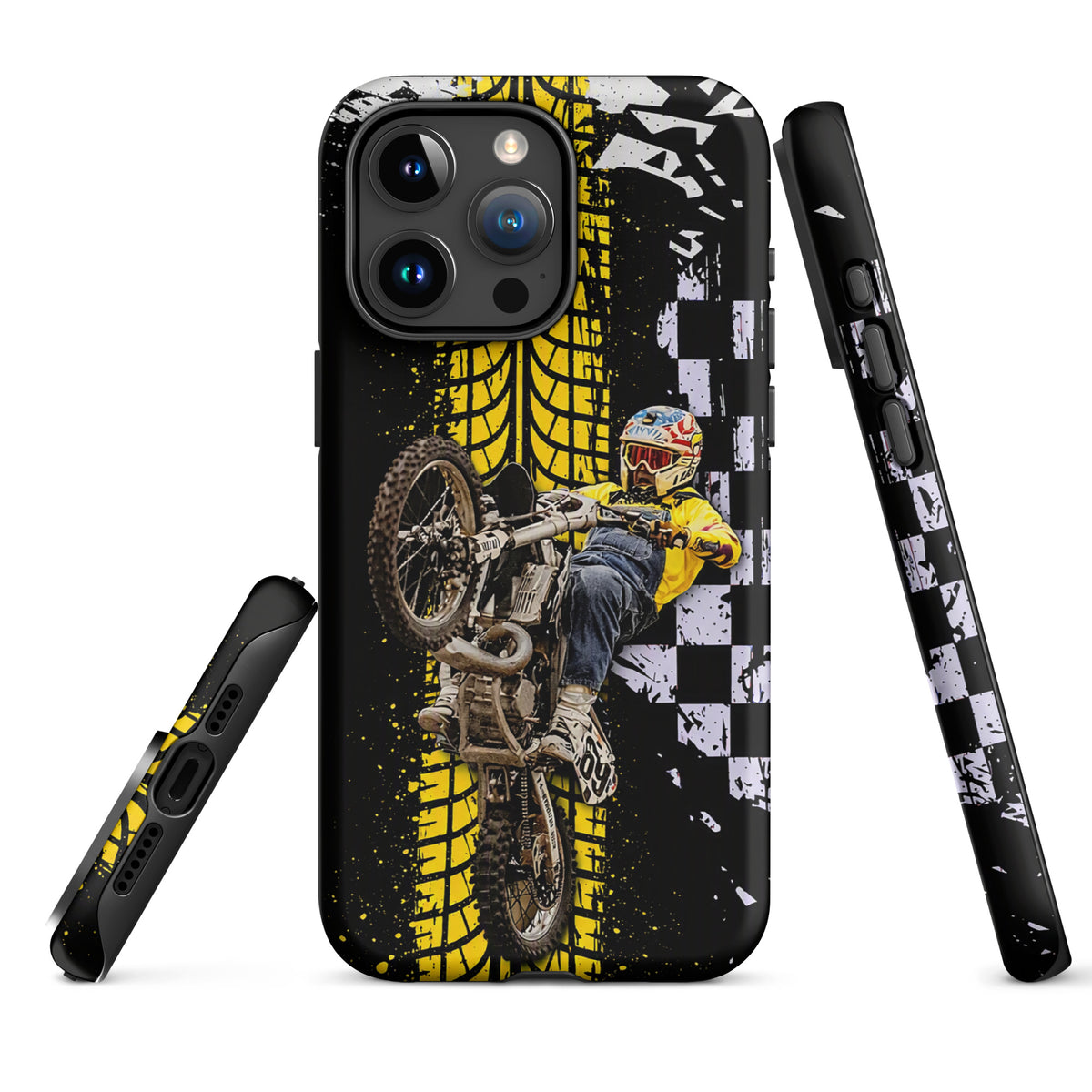 Phone Case featuring Ronnie Mac air-wheelie design with motocross theme, black, white, and yellow checkerboard and tire pattern.