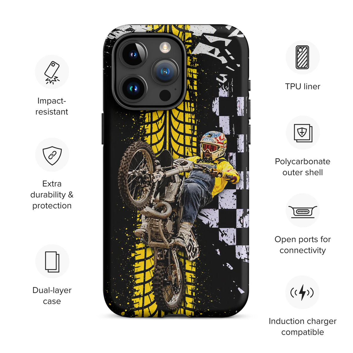 Phone Case for iPhone featuring Ronnie Mac air-wheelie with black, white, yellow motocross design, checkerboard pattern, paint splatter.