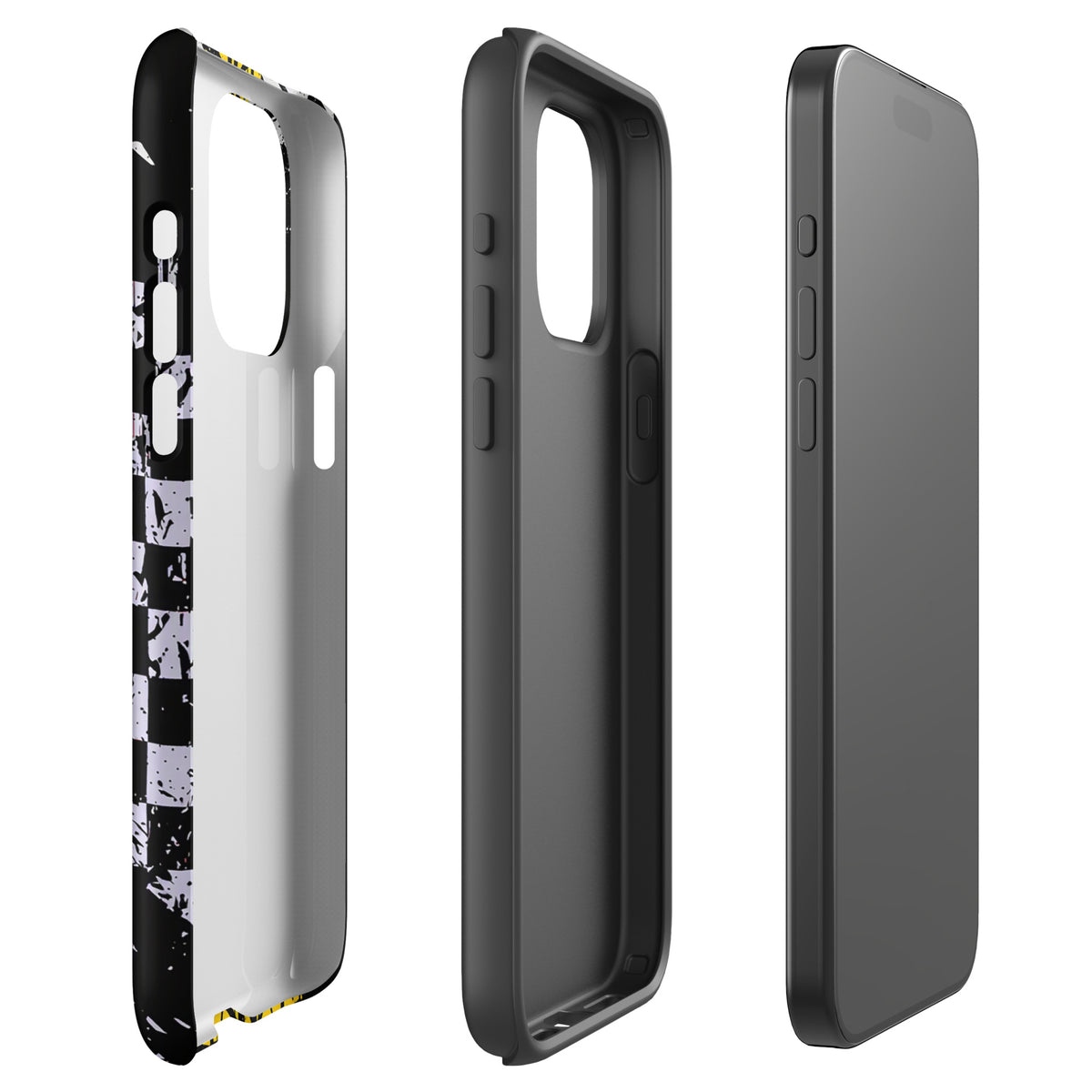 Phone Case for iPhone with Ronnie Mac air-wheelie design, featuring a gritty black, white, and yellow motocross theme.