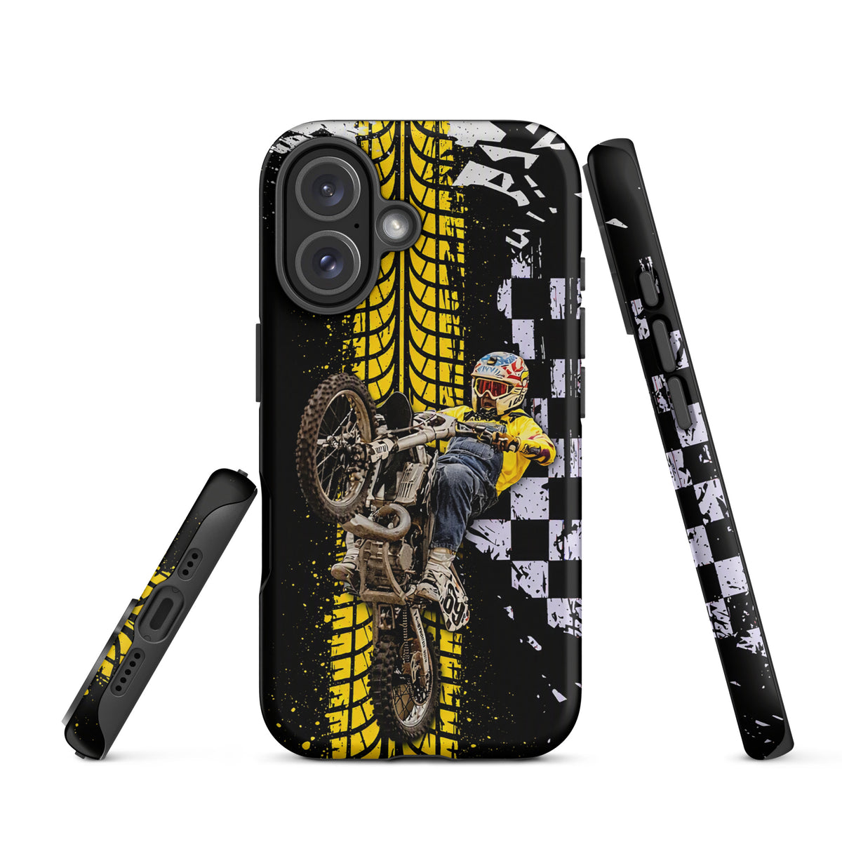 Phone Case for iPhone with Ronnie Mac air-wheelie design, black-white-yellow checkerboard, tire tracks, motocross style