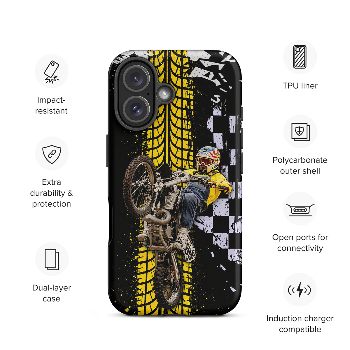 Phone Case for iPhone with Ronnie Mac air-wheelie design in black, white, yellow; impact-resistant, durable, dual-layer protection.