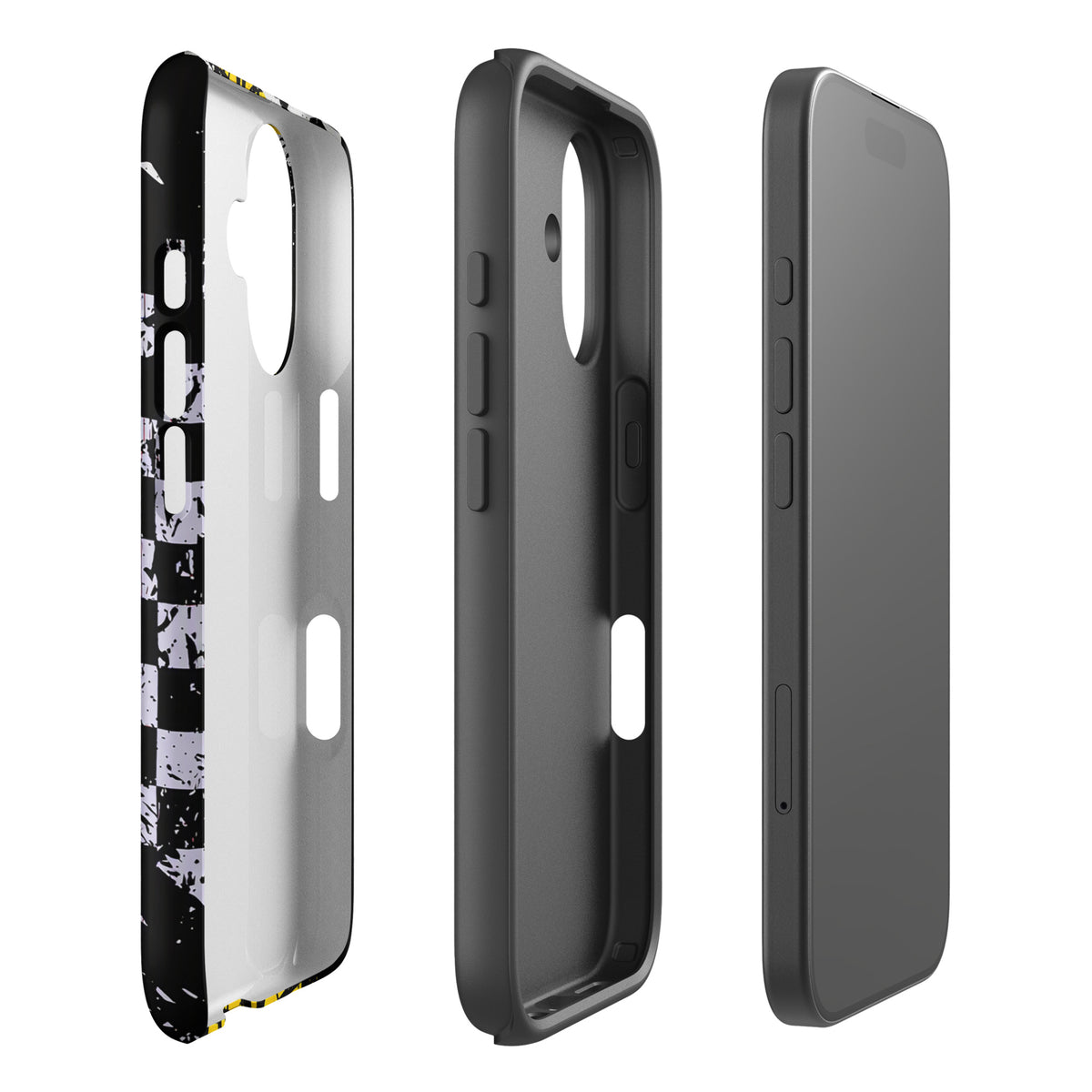 Phone Case for iPhone with Ronnie Mac Air-Wheelie design, featuring checkered pattern and yellow accents, side and back views
