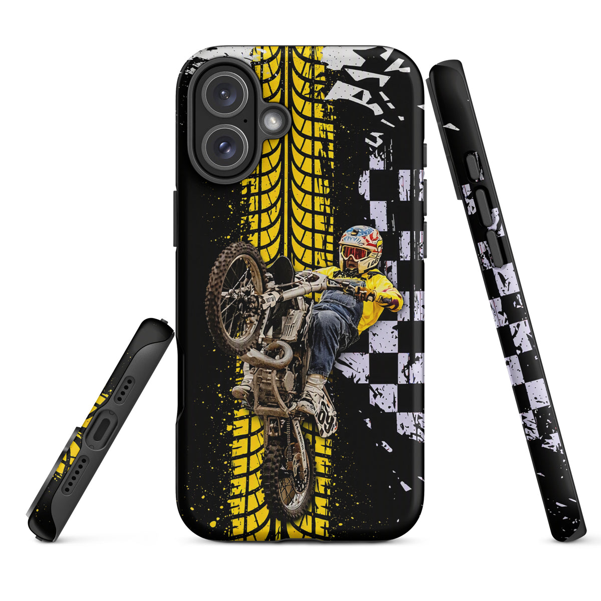 Phone Case for iPhone featuring Ronnie Mac air-wheelie with yellow tire design, checkerboard pattern, and motocross paint splatter.