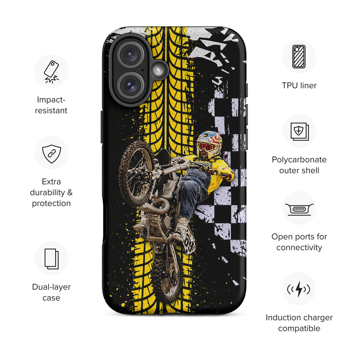 Phone Case for iPhone with Ronnie Mac air-wheelie design, featuring black, white, yellow colors, and motocross elements.