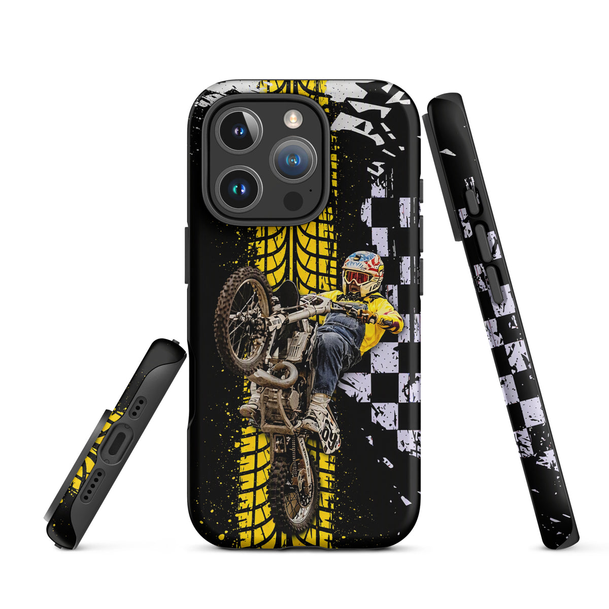 Phone Case for iPhone featuring Ronnie Mac air-wheelie design, bold black, white, yellow checkerboard, tire pattern.