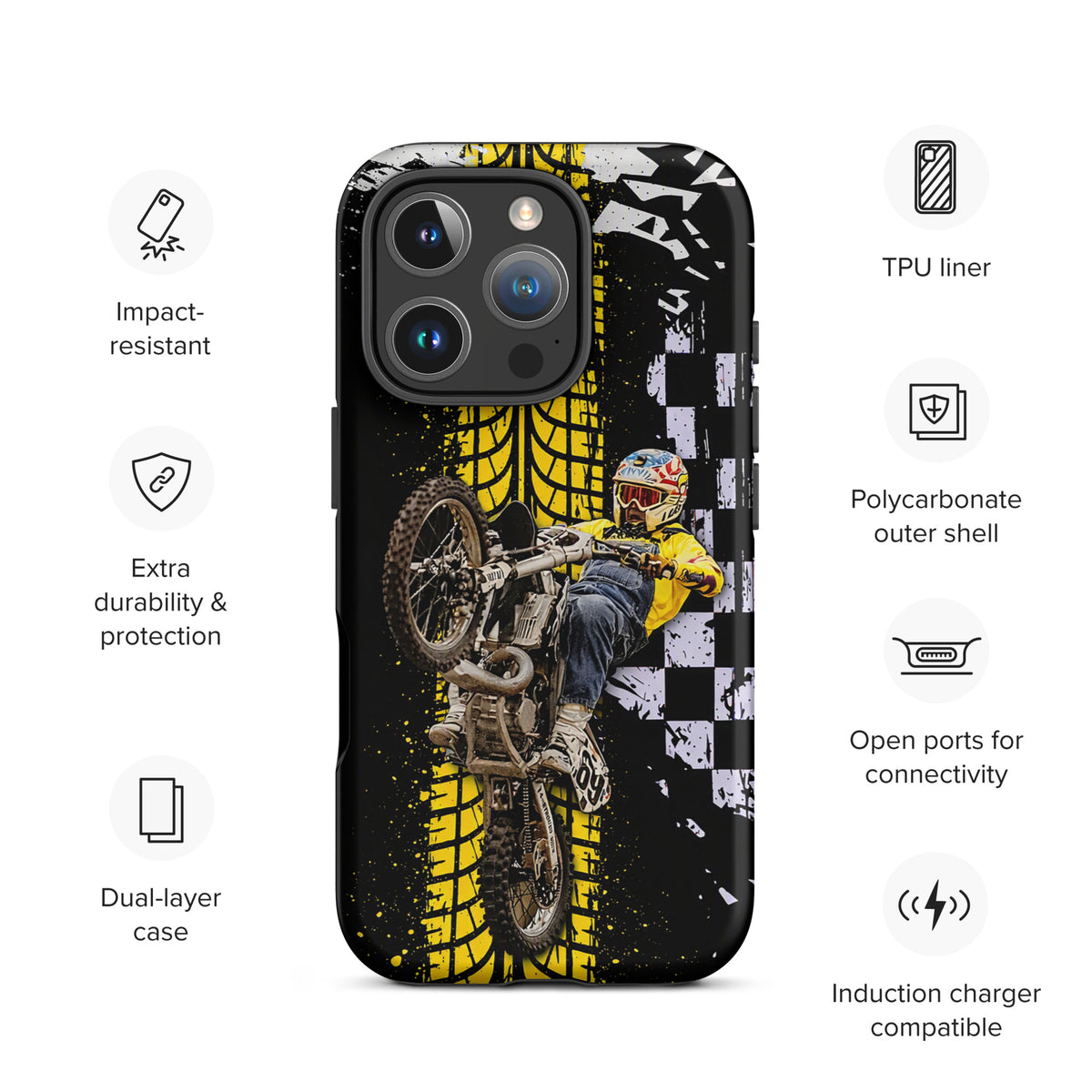 Phone Case for iPhone featuring Ronnie Mac air-wheelie design with black, white, and yellow checkerboard pattern and tire marks.