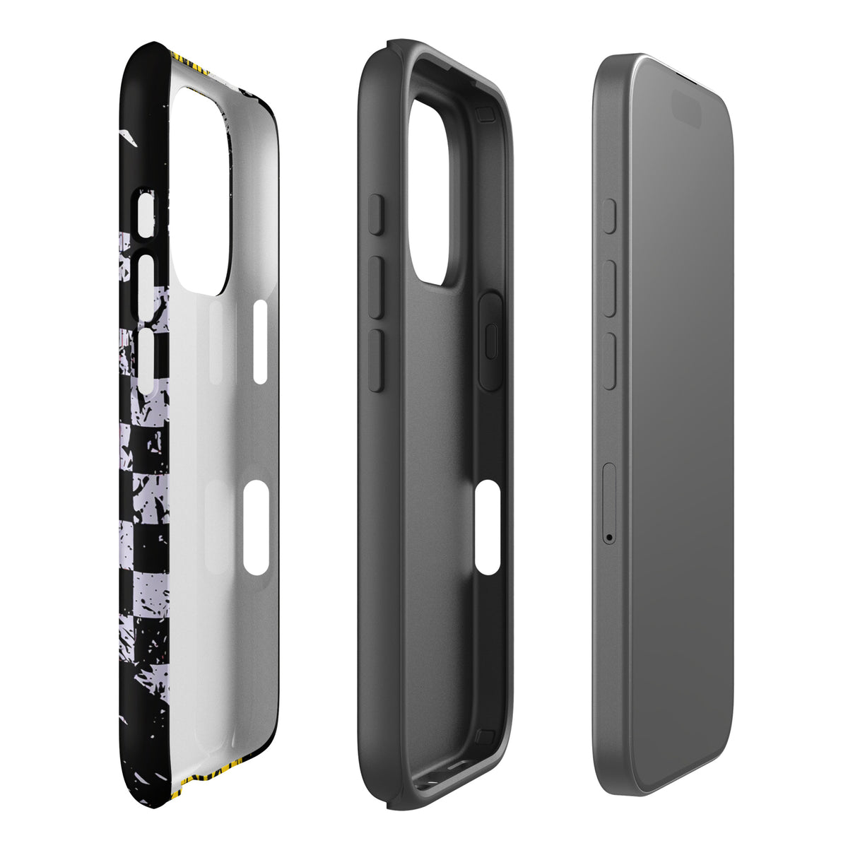 Phone Case for iPhone featuring Ronnie Mac air-wheelie design with bold black, white, and yellow colors, checkerboard pattern.