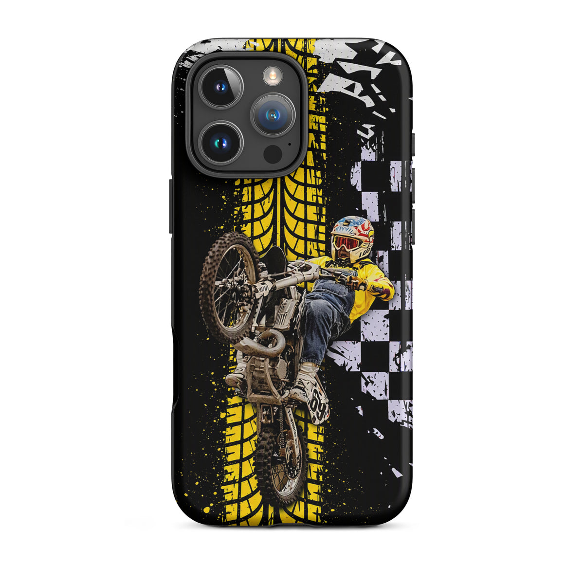 Phone Case featuring Ronnie Mac air-wheelie design with motocross print, black, white, yellow color scheme, distressed checkerboard.