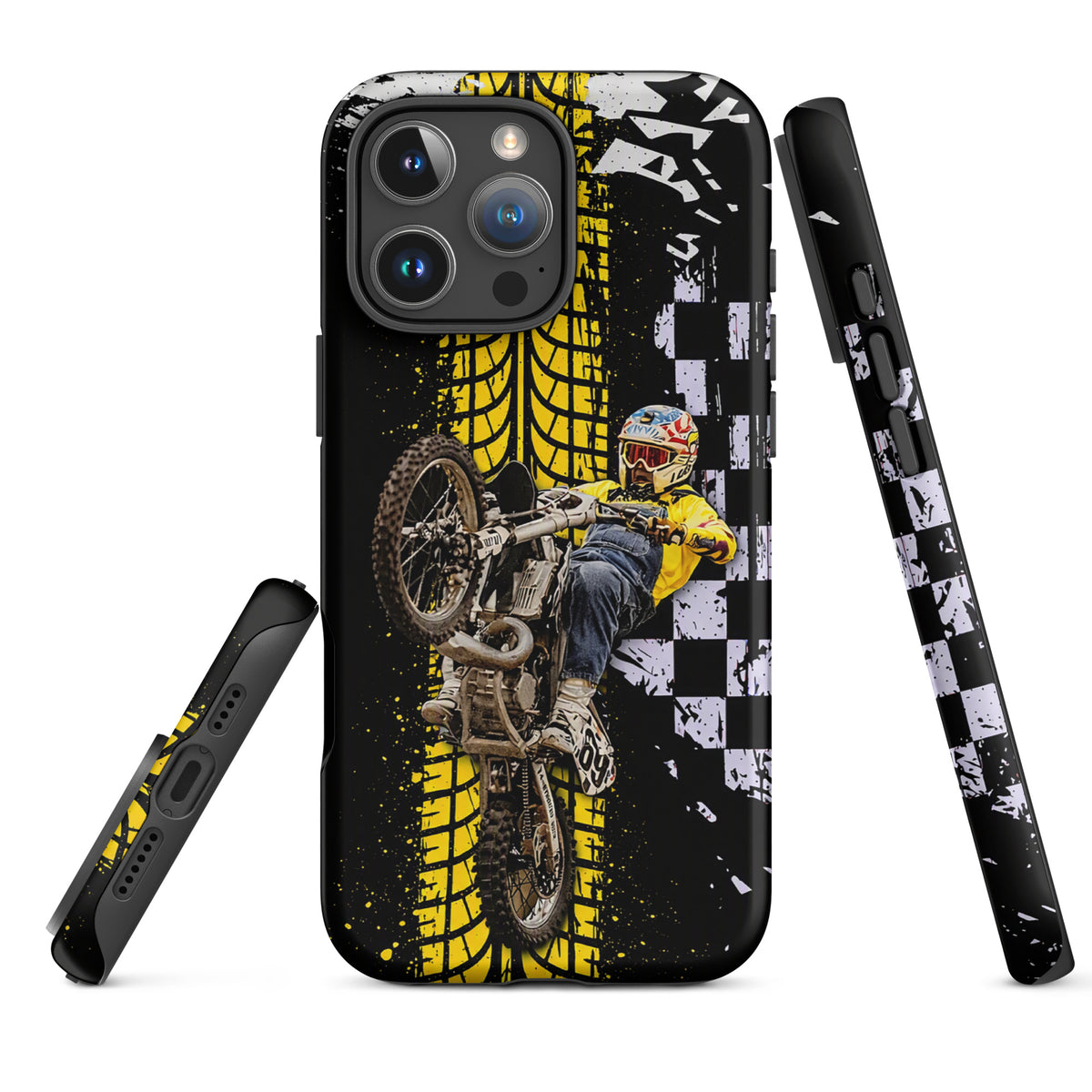 Phone Case for iPhone with Ronnie Mac air-wheelie design in black, white, yellow, featuring motocross and checkerboard pattern.