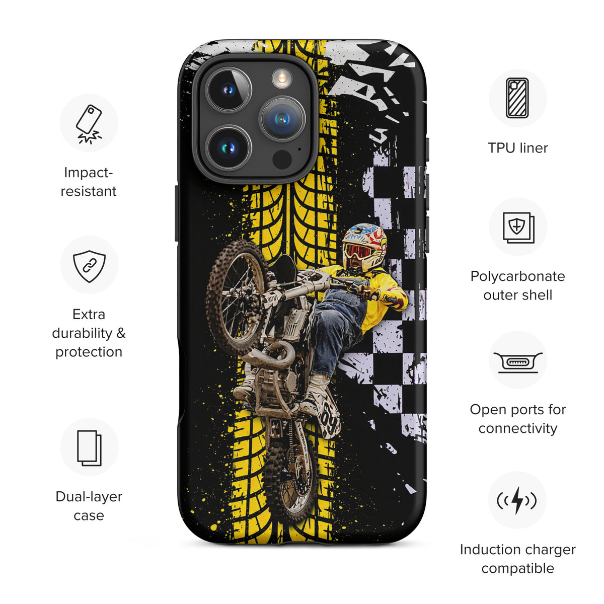 Phone Case for iPhone with Ronnie Mac air-wheelie design in black, white, and yellow, featuring checkerboard and paint splatter.