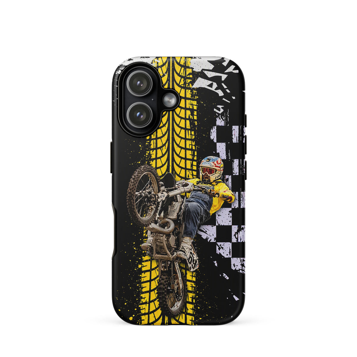 Phone Case for iPhone featuring Ronnie Mac air-wheelie design with checkerboard, tire tread, in black, white, and yellow colors.
