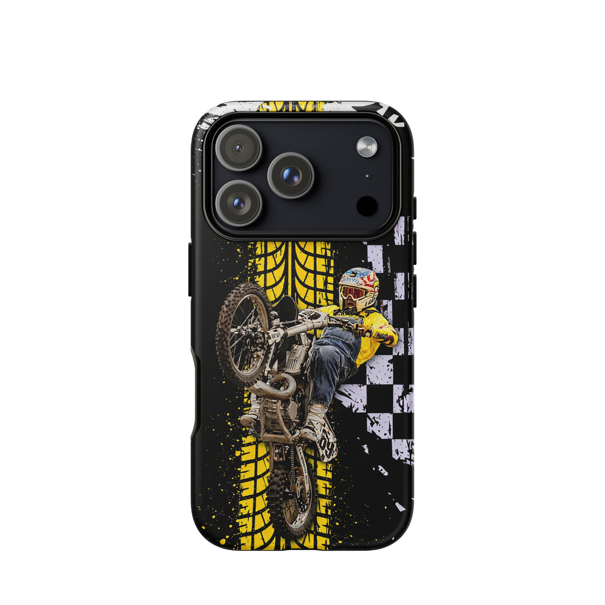 Phone Case featuring Ronnie Mac air-wheelie design with black, white, and yellow motocross art, distressed checkerboard pattern.