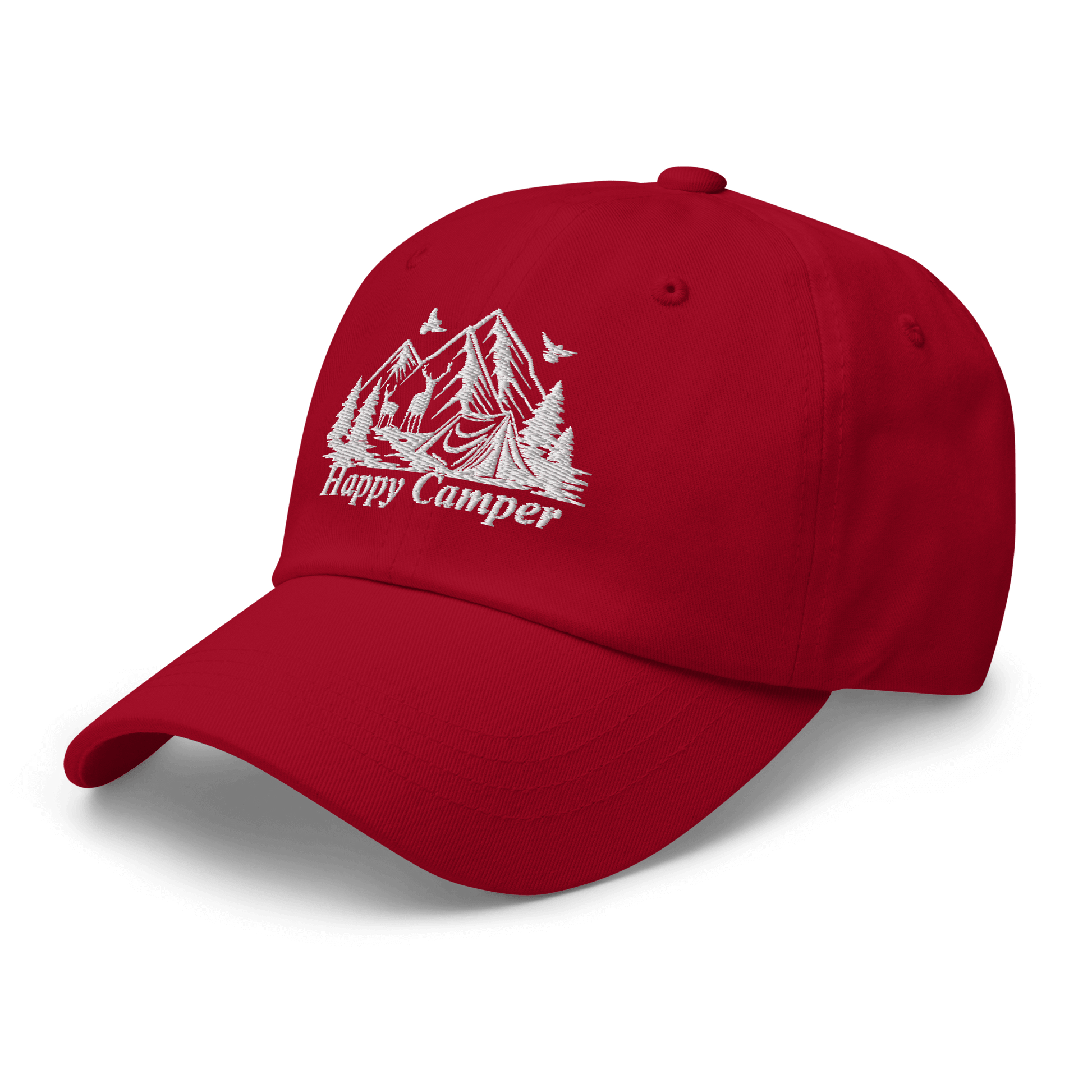 Red Happy Camper low profile cap with mountain and forest embroidery, perfect for outdoor enthusiasts and camping trips.