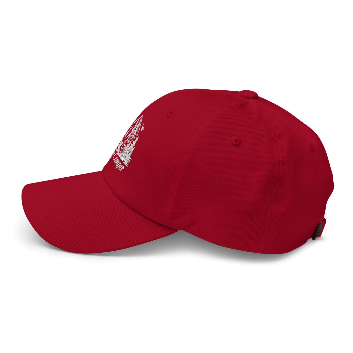 Red Happy Camper low profile cap, perfect for outdoor enthusiasts seeking comfort and style on camping adventures.