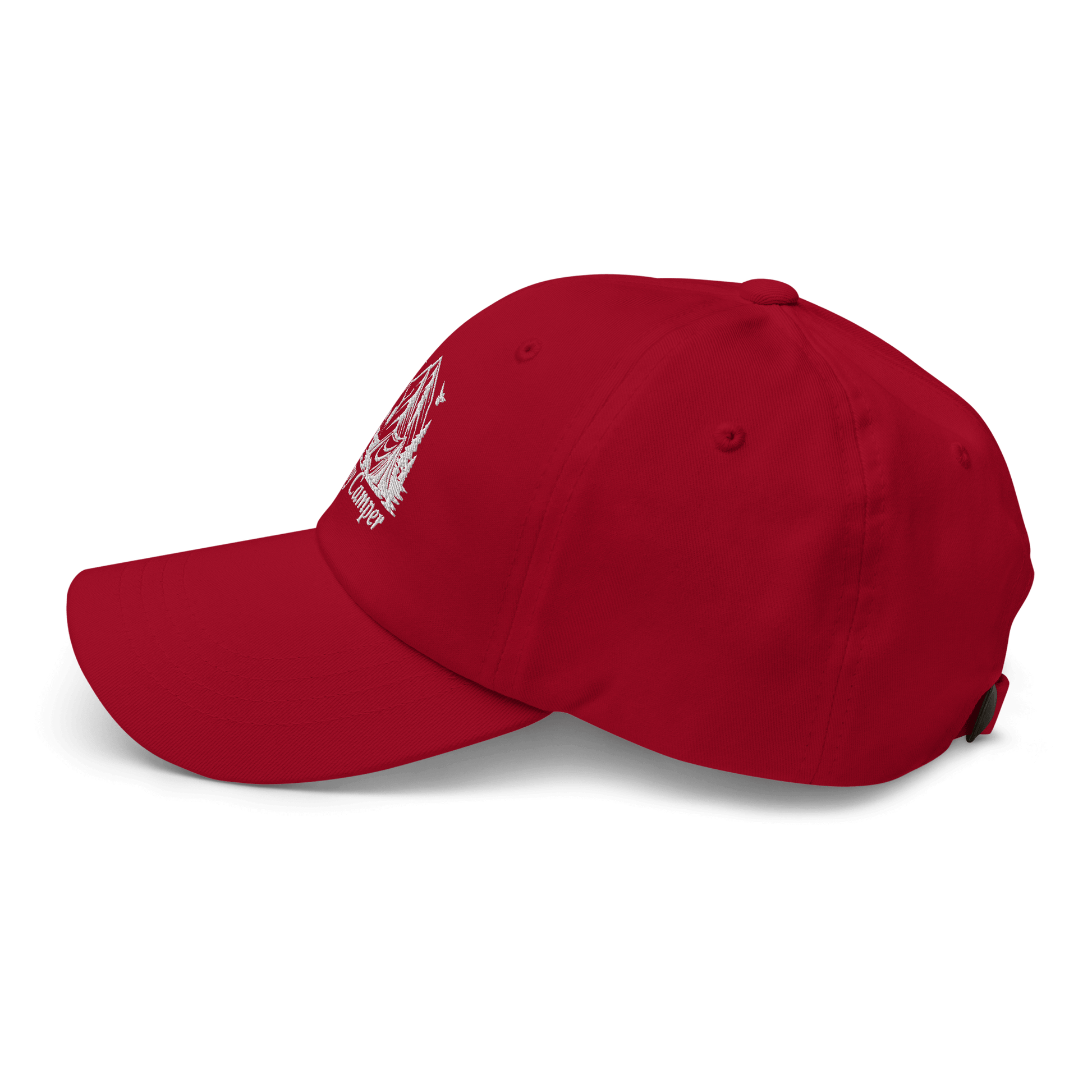 Red Happy Camper low profile cap, perfect for outdoor enthusiasts seeking comfort and style on camping adventures.