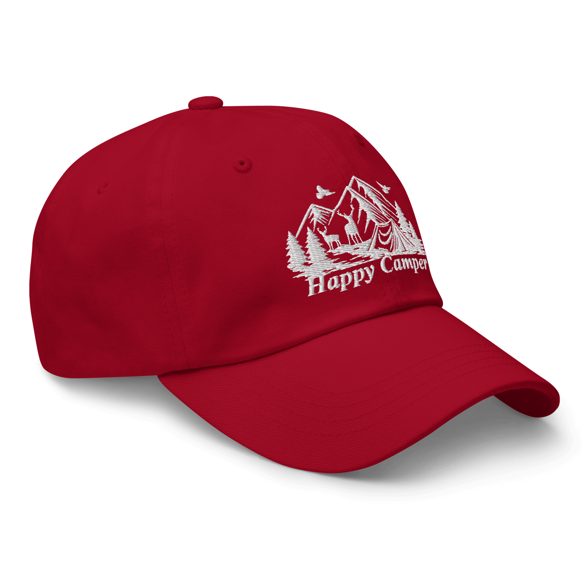 Red Happy Camper Low Profile Cap with nature embroidery, ideal for camping and outdoor adventures