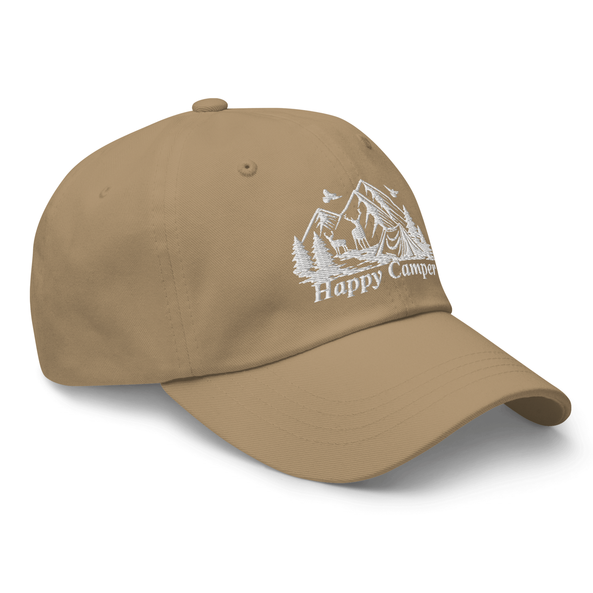 Tan Happy Camper Low Profile Cap with embroidered nature scene, perfect for outdoor adventures and relaxation.