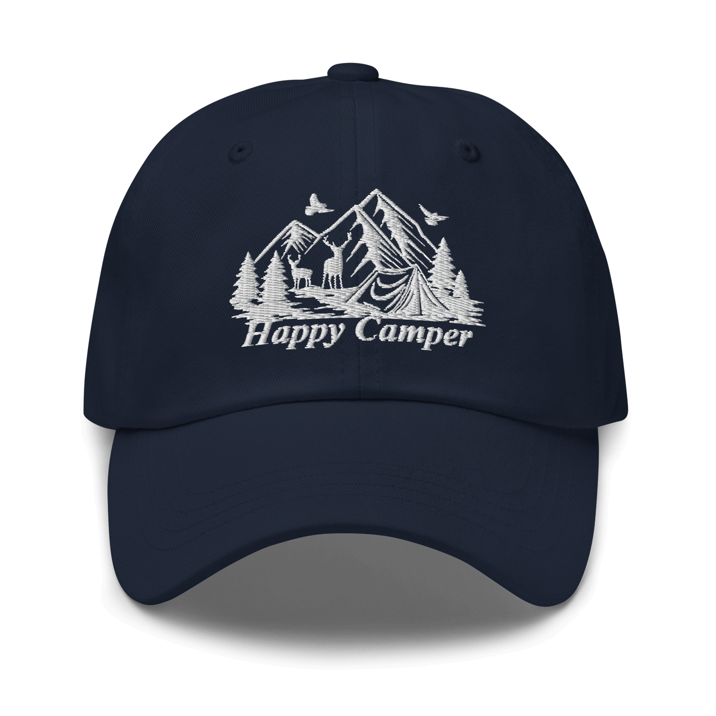 "Happy Camper Low Profile Cap with nature-inspired embroidery design ideal for outdoor enthusiasts"