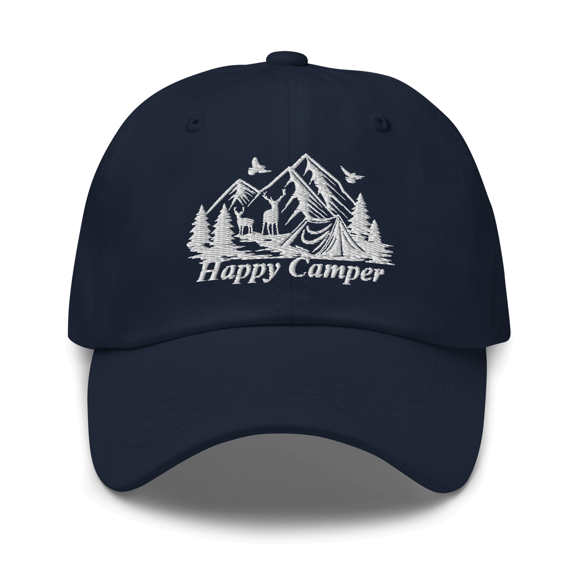 "Happy Camper Low Profile Cap with nature-inspired embroidery design ideal for outdoor enthusiasts"