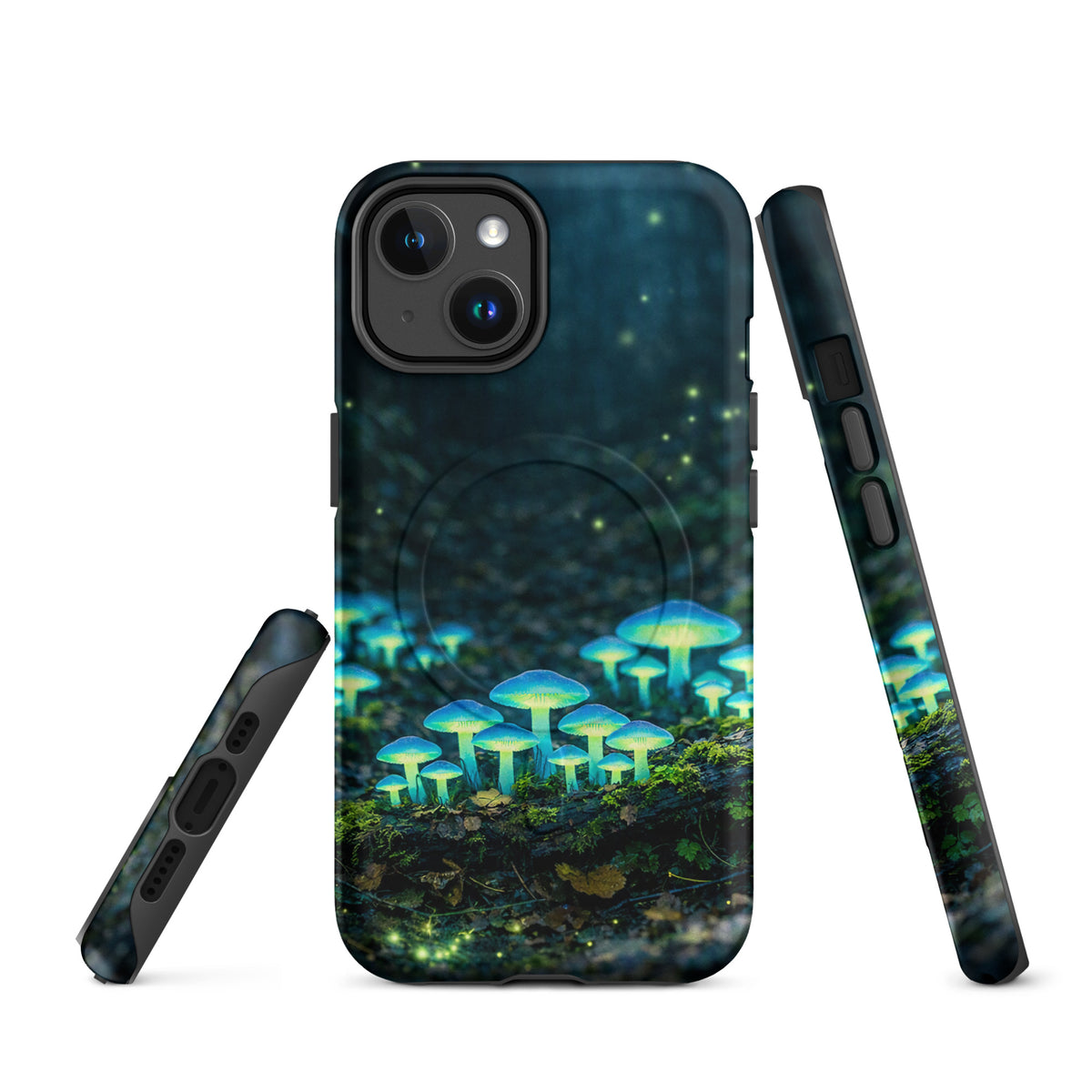 Magnetic Phone Case for iPhone with bioluminescent mushrooms, featuring a glowing forest scene with ethereal blue-green lights.