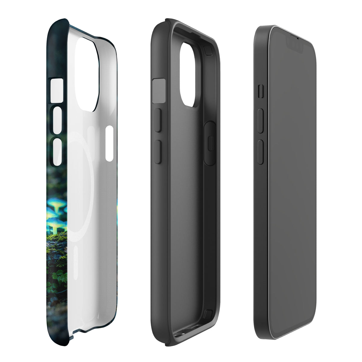 Magnetic Phone Case for iPhone with bioluminescent forest mushrooms design showcasing glowing blue-green fungi.