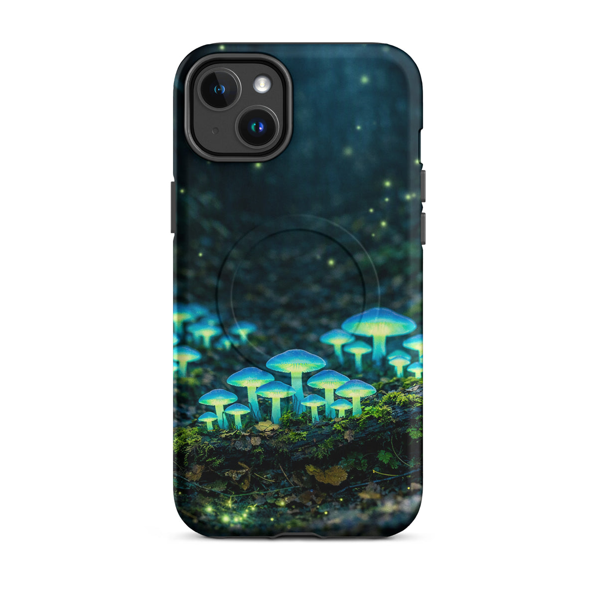 Magnetic Phone Case with bioluminescent mushrooms glowing in a mystical forest design for iPhone.