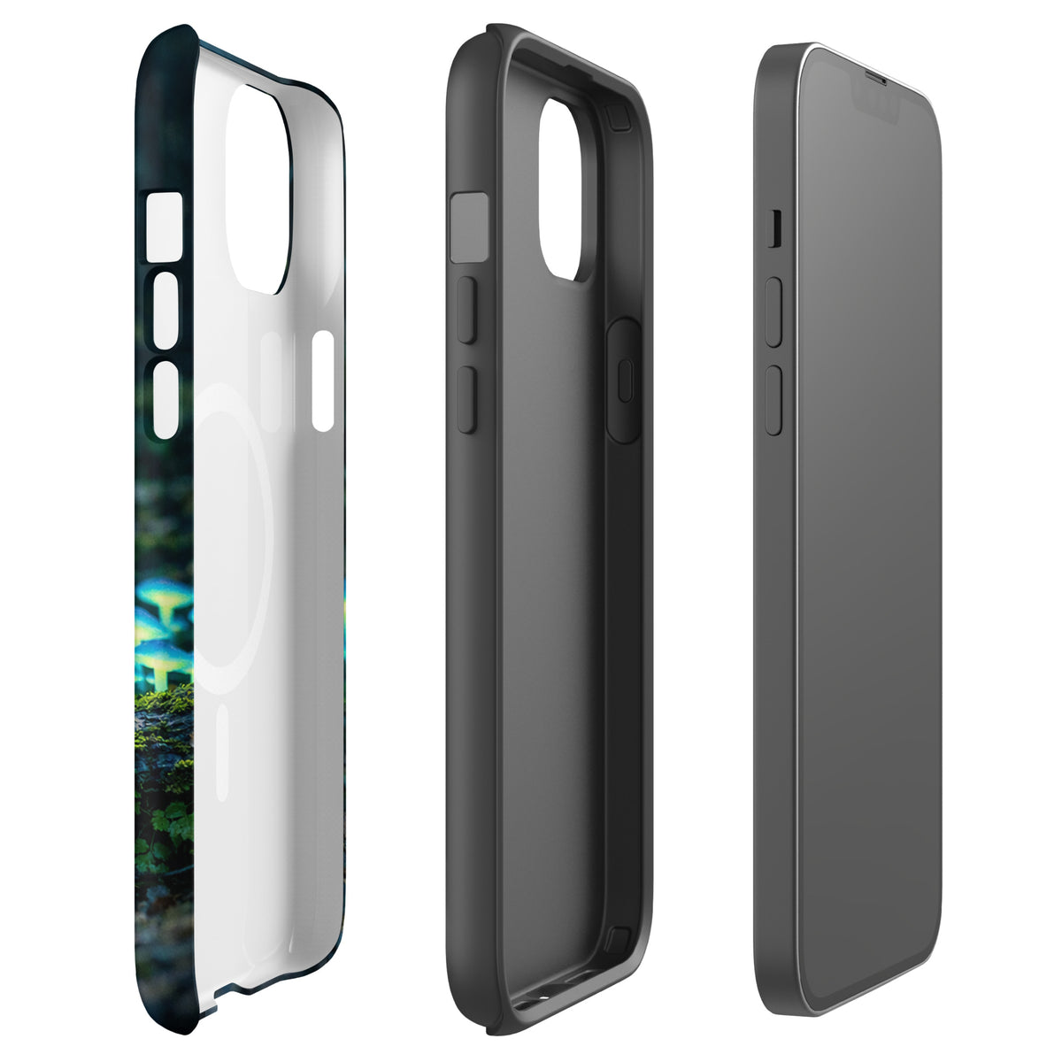Magnetic Phone Case with bioluminescent forest mushrooms design, showcasing its sleek and protective features for iPhone.