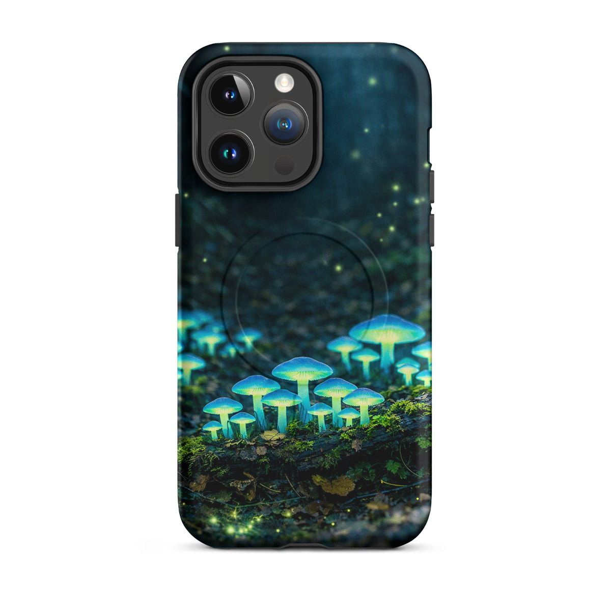 Magnetic Phone Case featuring a glowing forest scene with bioluminescent mushrooms emitting a blue-green light.